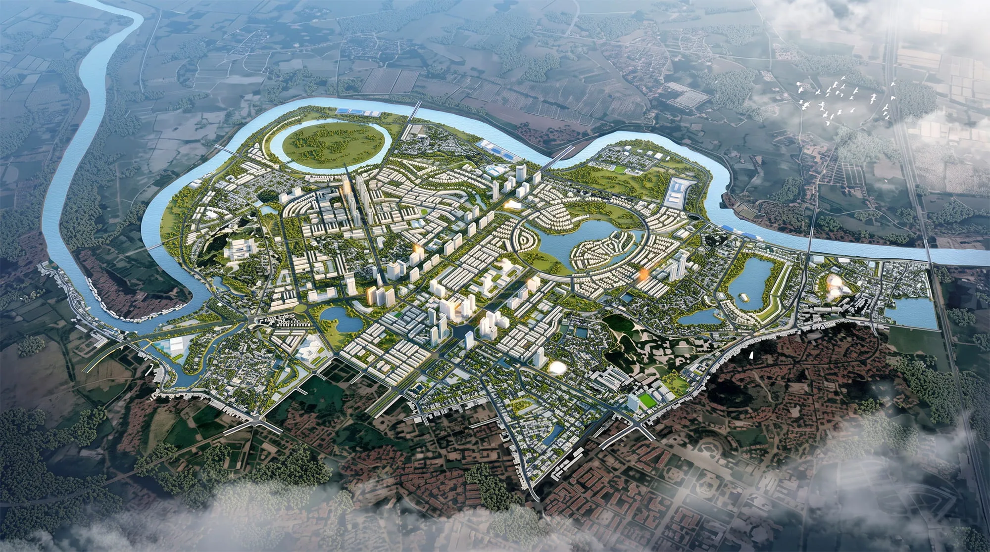 Phối cảnh Vinhomes Bắc Hồng Bắc Ninh với hệ thống sông nước, khu đô thị, công viên và mạng lưới giao thông quy hoạch